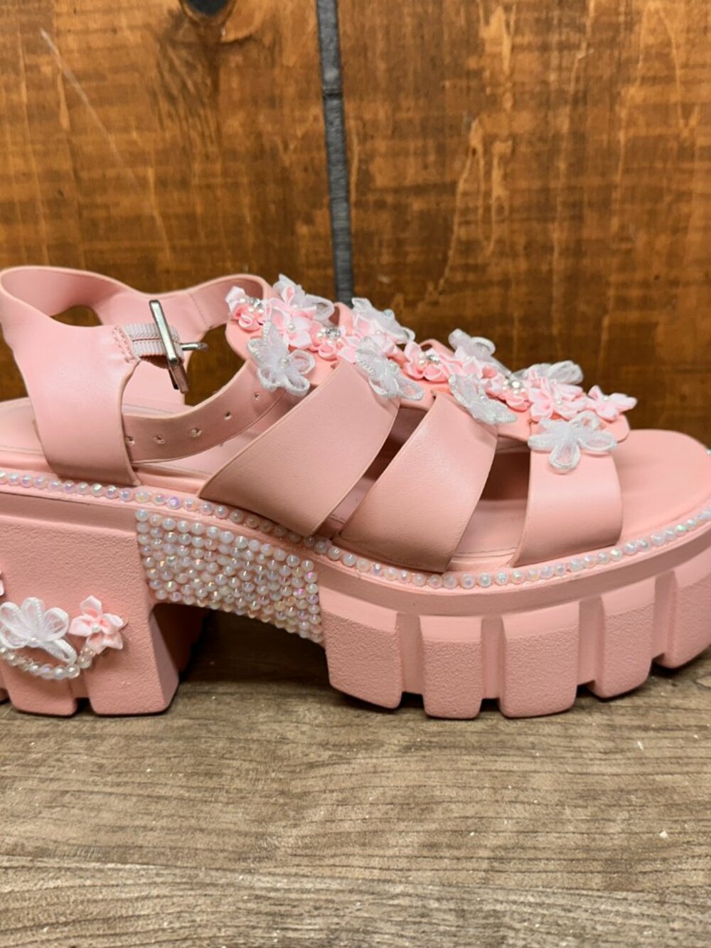 Madden Girl Women's Galaxy Heeled Sandal Size 8 Platform Pink Flowers Y2K 90s - Picture 4 of 12